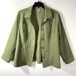Chico’s Green Faux Suede Shirt Jacket Button Front